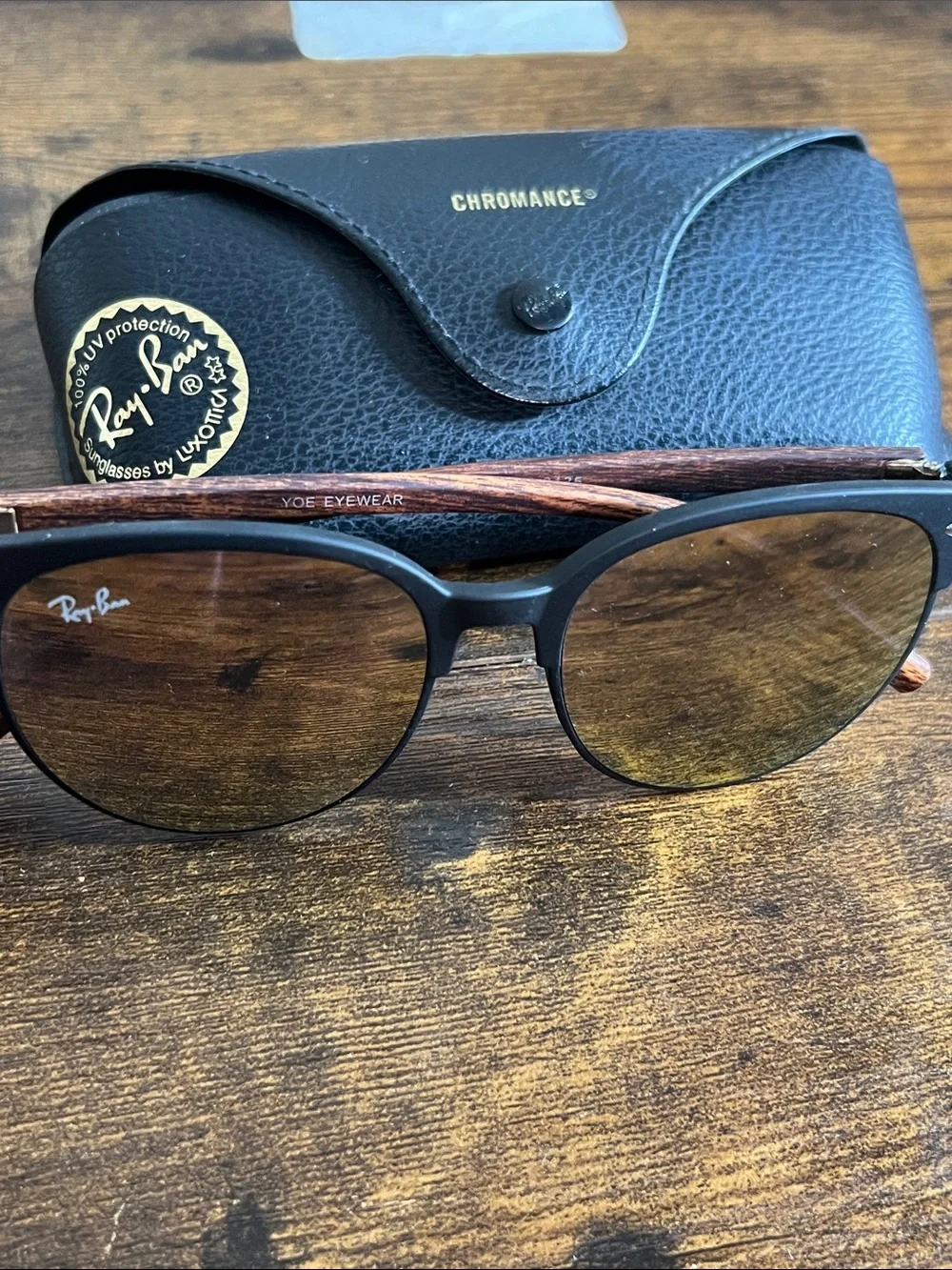 Ray-Ban Black Frame Sunglasses with Brown Lenses and Wood-Effect Temples
